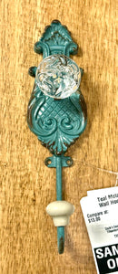 Teal Metal Wall Hook with Clear Knob