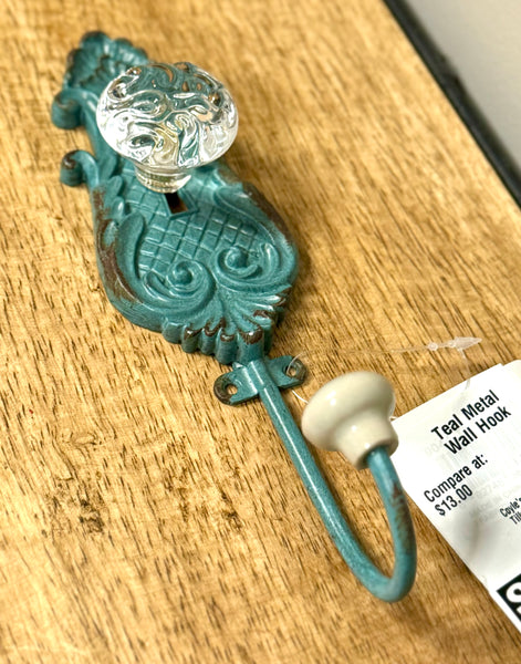 Teal Metal Wall Hook with Clear Knob